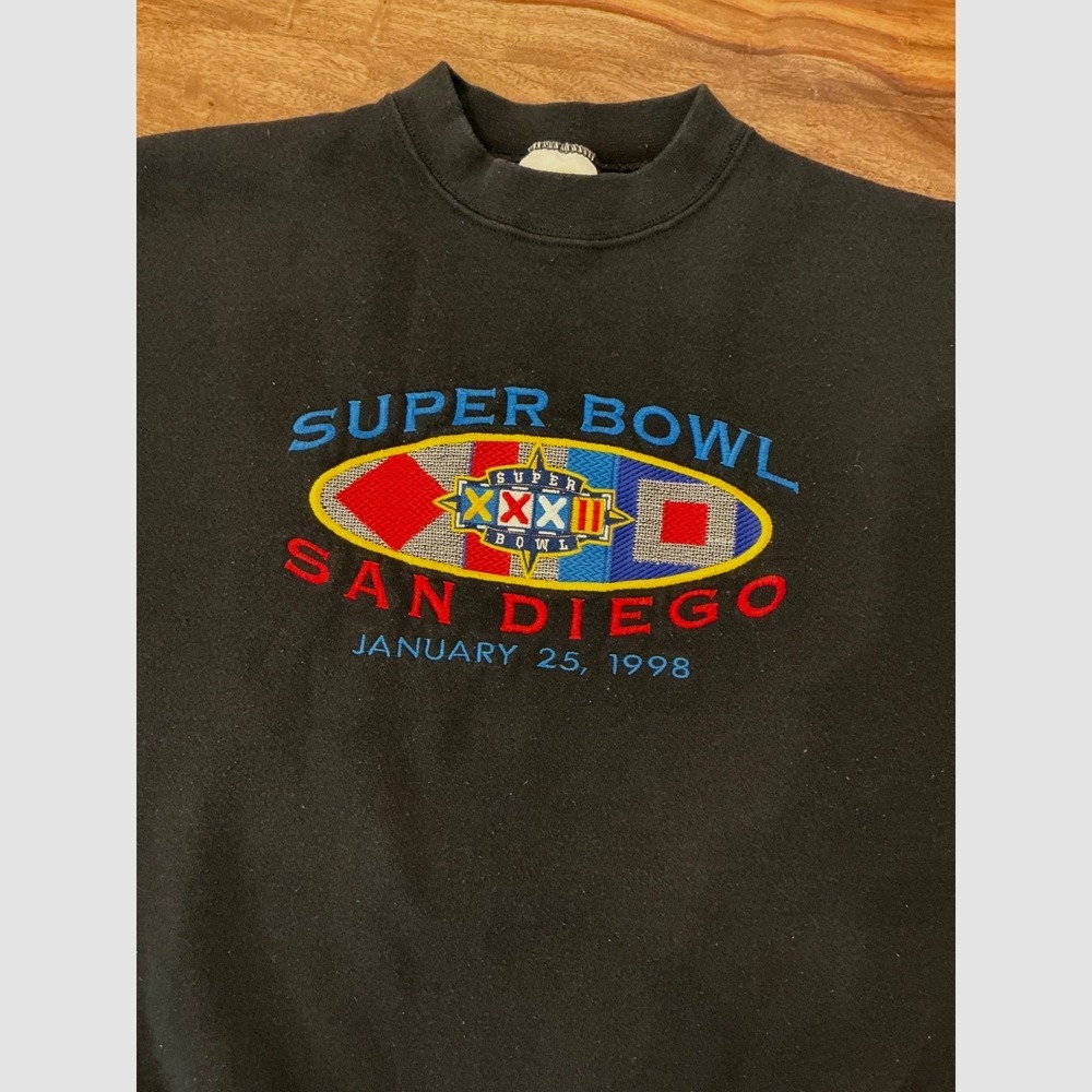 Vintage 1998 Super Bowl XXXII San Diego Sweatshirt Tultex USA Black Large NFL - Picture 2 of 11